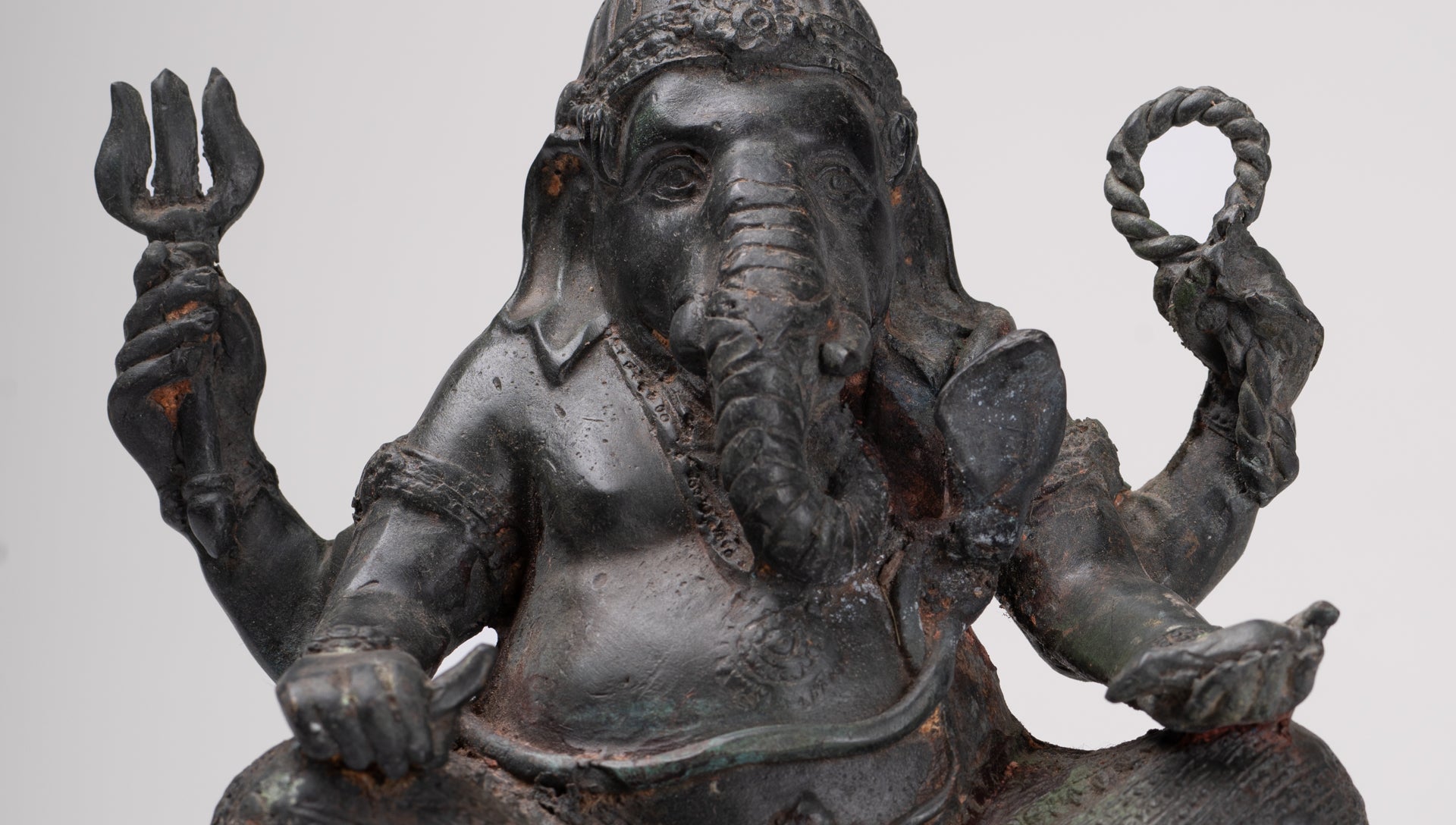 Ganesha Statue - Antique Thai Style Bronze Seated 4-Arm Ganesha Statue - 21cm/8"