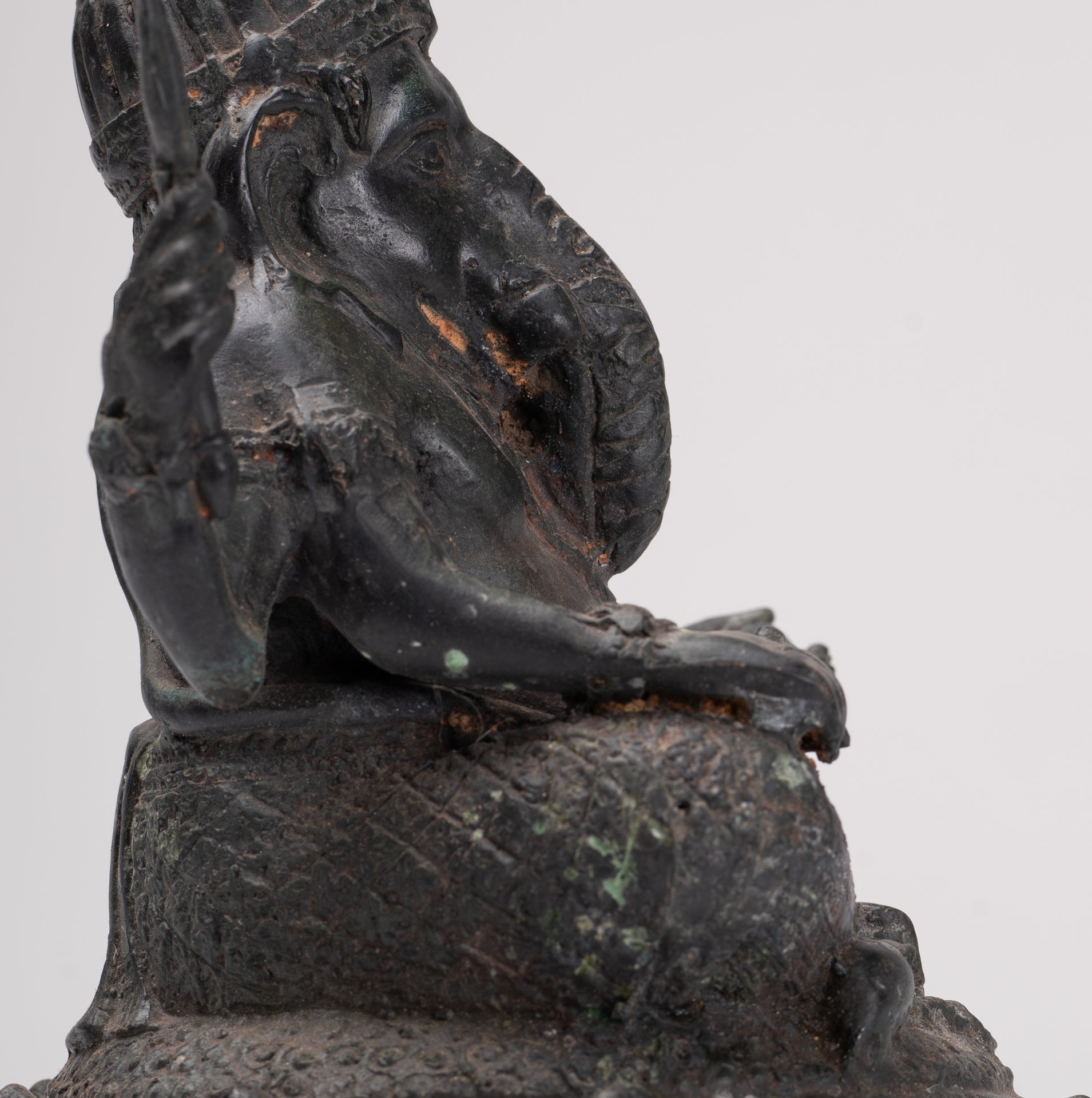 Ganesha Statue - Antique Thai Style Bronze Seated 4-Arm Ganesha Statue - 21cm/8"