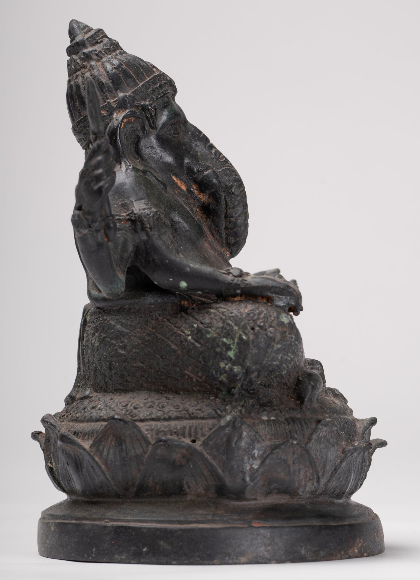 Ganesha Statue - Antique Thai Style Bronze Seated 4-Arm Ganesha Statue - 21cm/8"