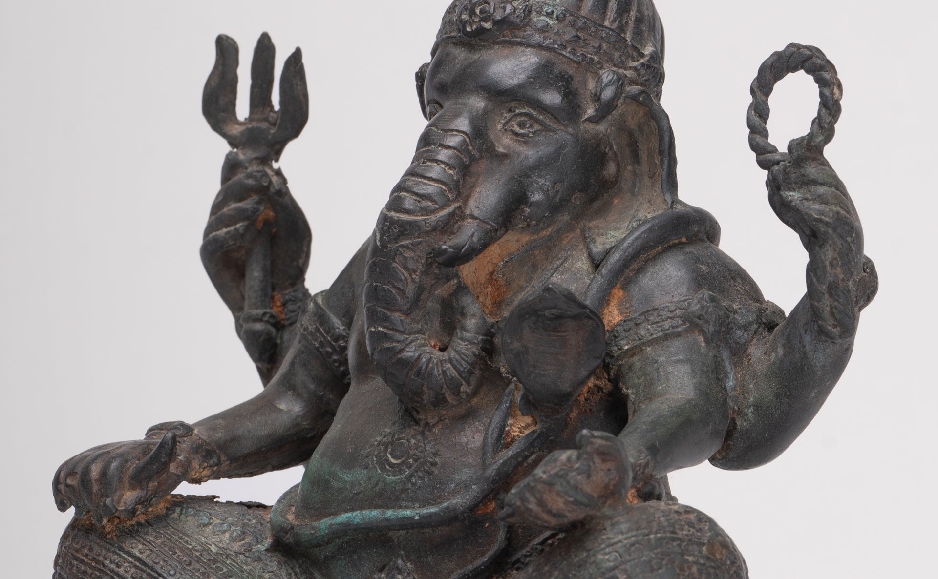 Ganesha Statue - Antique Thai Style Bronze Seated 4-Arm Ganesha Statue - 20cm/8"