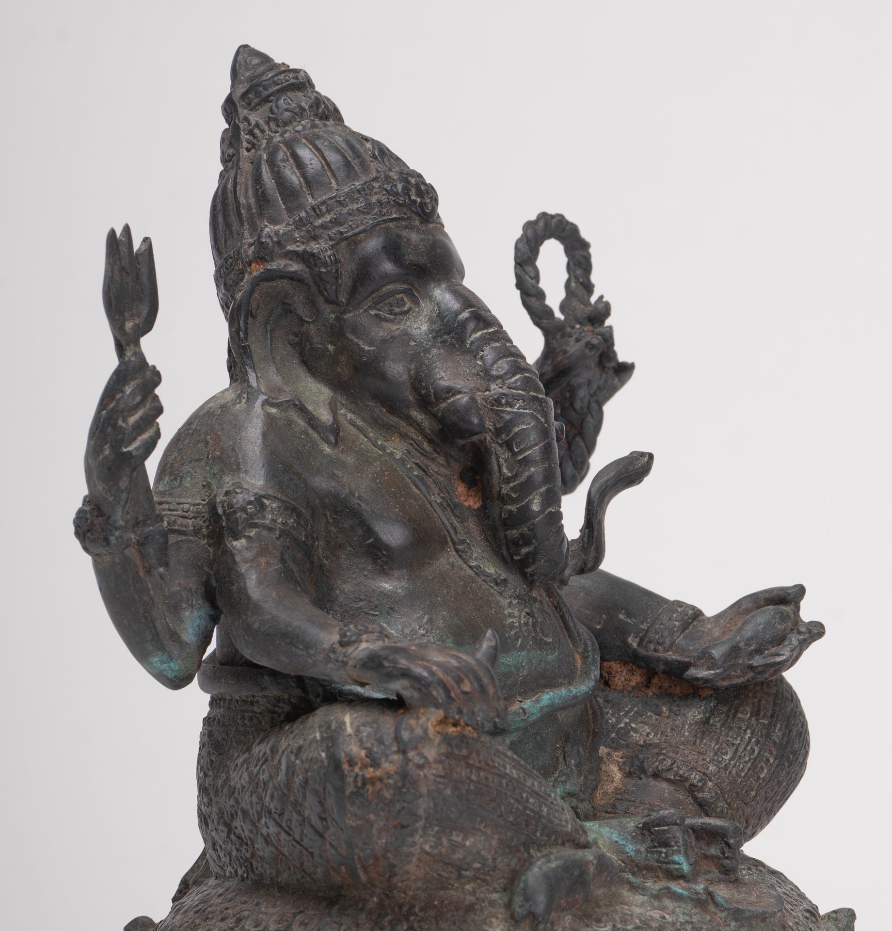 Ganesha Statue - Antique Thai Style Bronze Seated 4-Arm Ganesha Statue - 20cm/8"