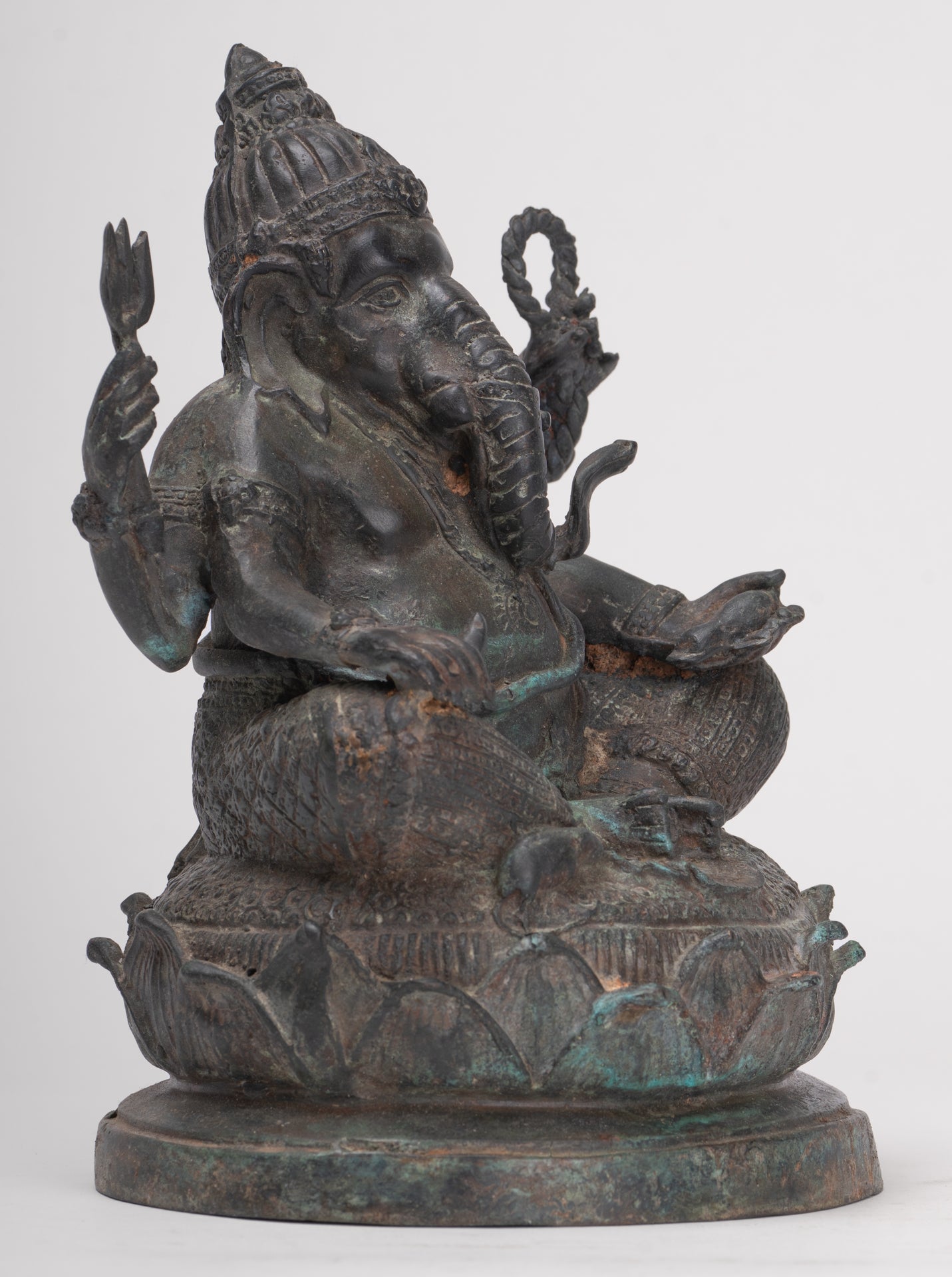 Ganesha Statue - Antique Thai Style Bronze Seated 4-Arm Ganesha Statue - 20cm/8"