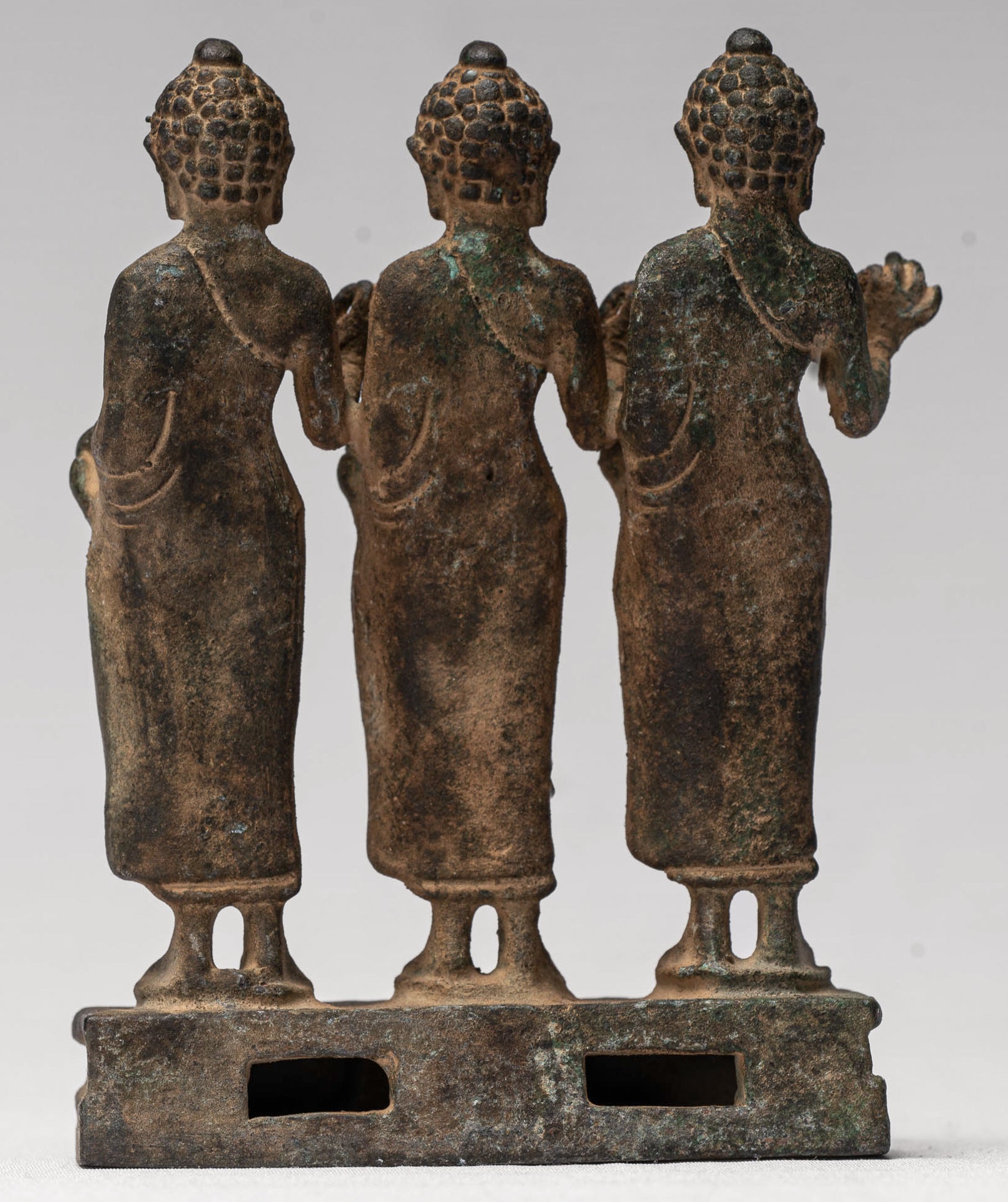 Buddha Statue - Antique Thai Style Standing Bronze Teaching Buddha Statue Triptych- 11.5cm/5"