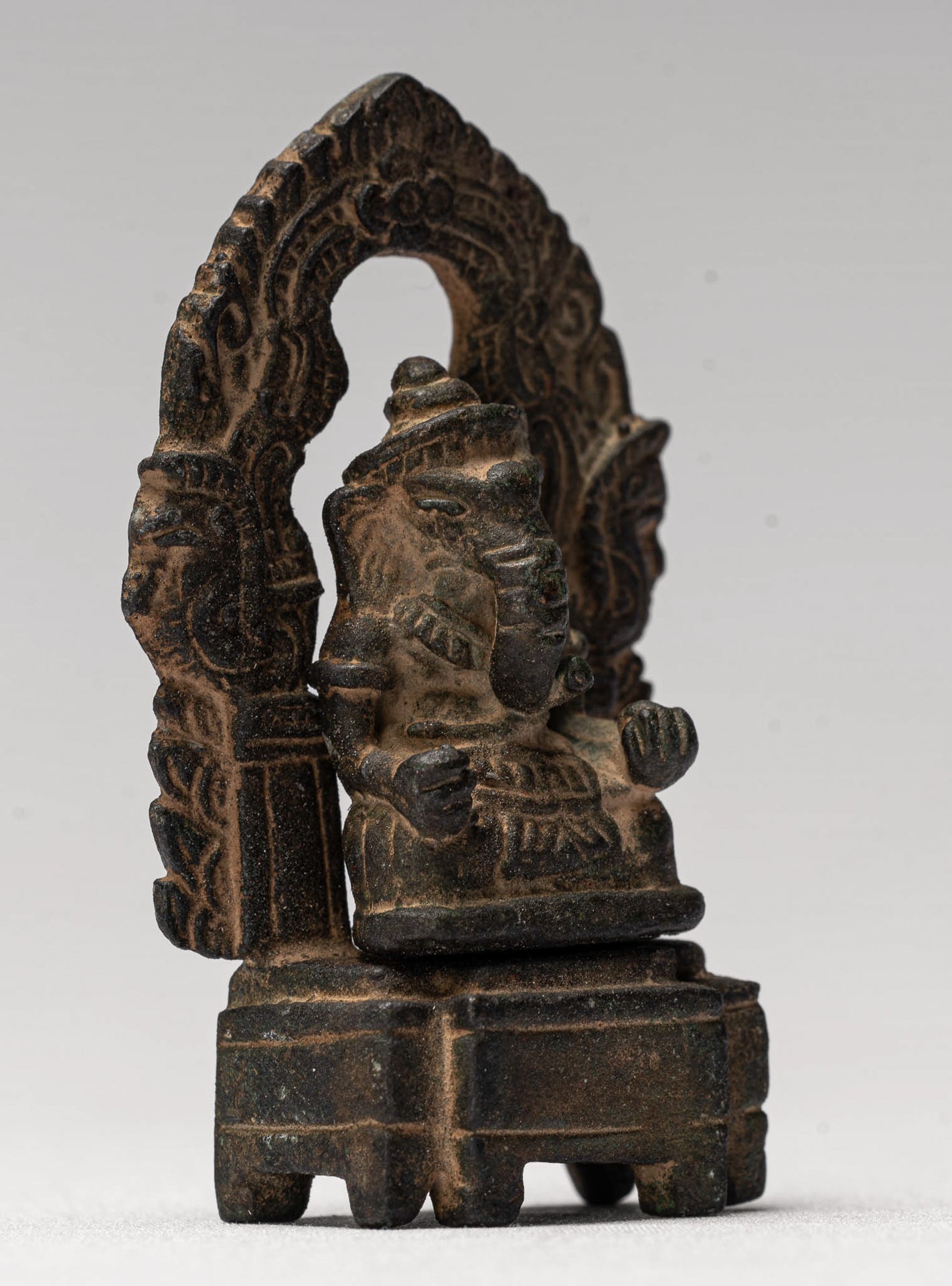 Ganesha Statue - Antique Thai Style Enthroned Bronze Seated Ganesha Statue - 6.5cm/3"