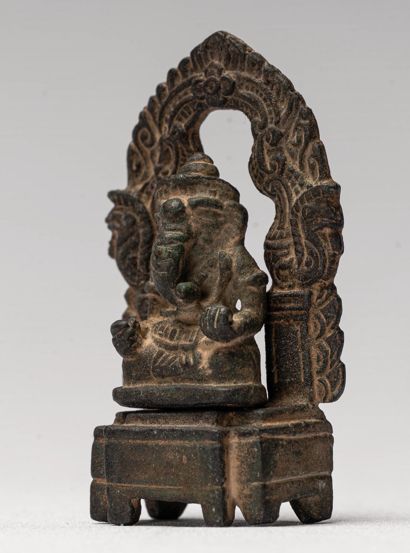 Ganesha Statue - Antique Thai Style Enthroned Bronze Seated Ganesha Statue - 6.5cm/3"