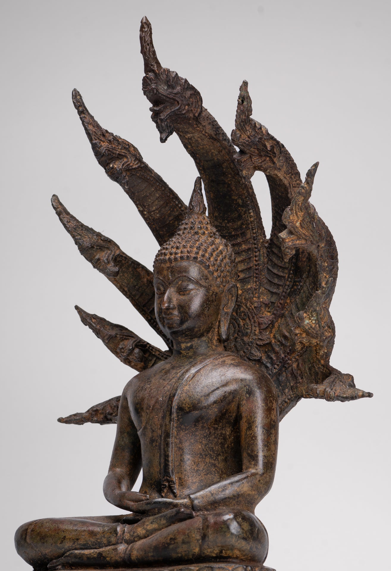 Buddha Statue - Antique Thai Style Seated Bronze Naga Meditation Buddha - 53cm/21"