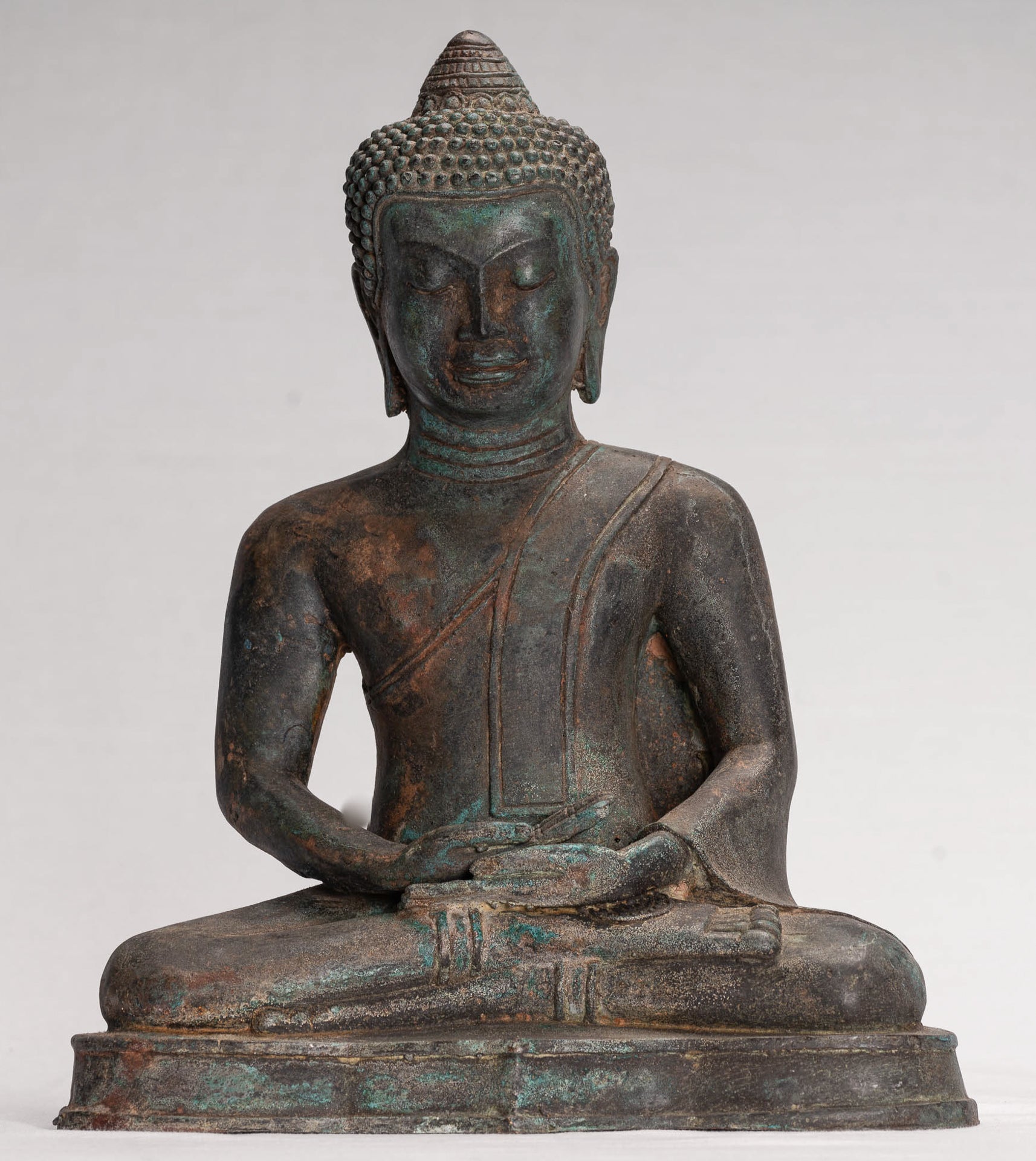 Buddha Statue - Antique Thai Style Seated Bronze Dvaravati Meditation Buddha Statue - 29cm/12"