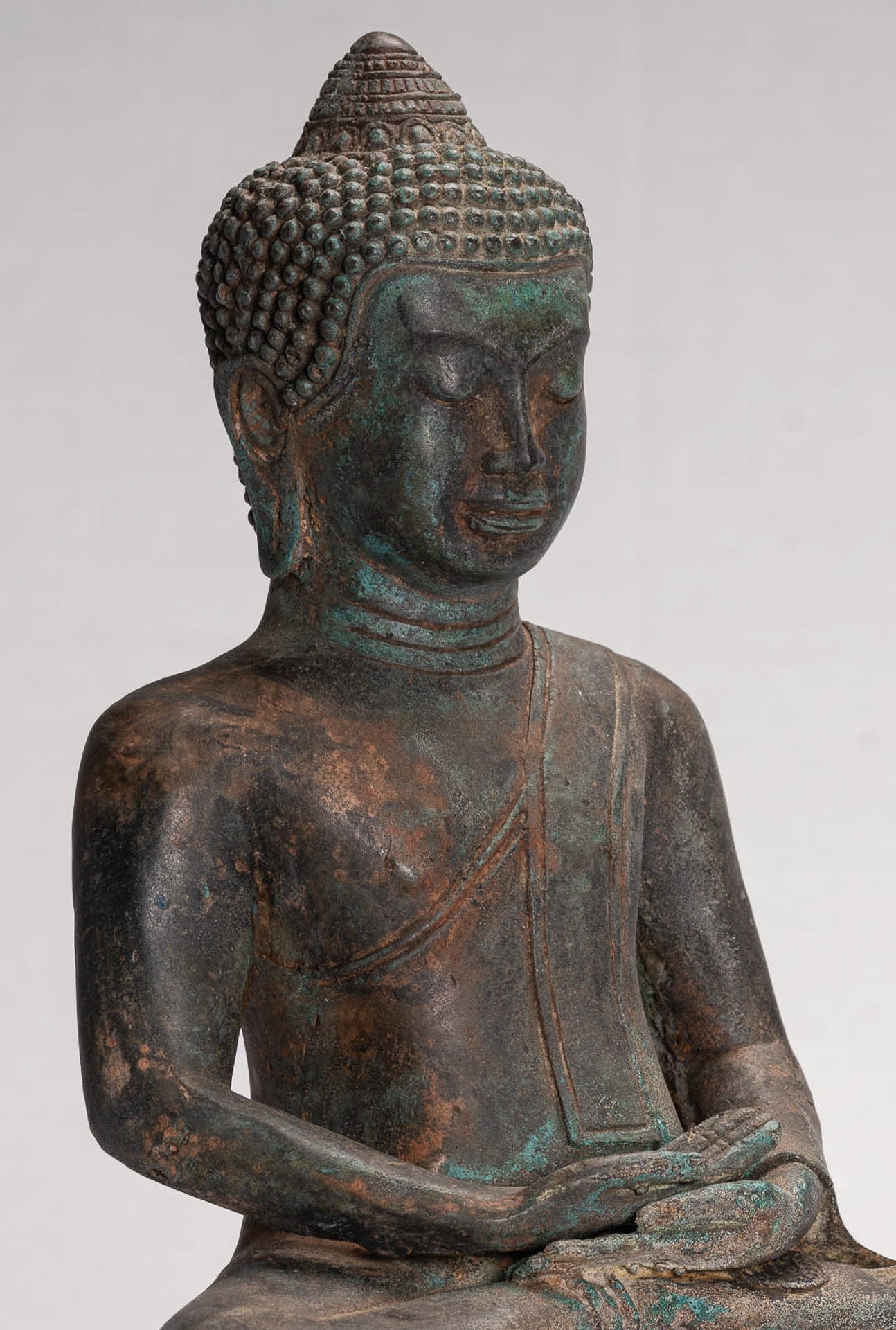 Buddha Statue - Antique Thai Style Seated Bronze Dvaravati Meditation Buddha Statue - 29cm/12"