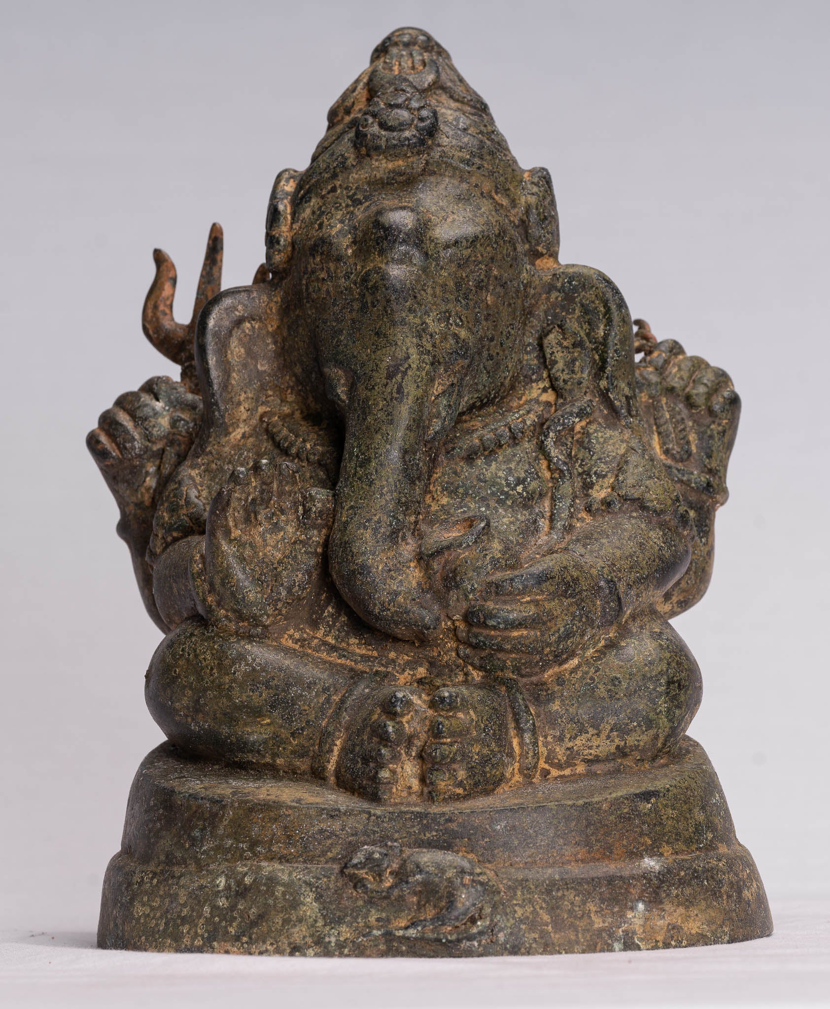 Ganesha Statue - Antique Thai Style Bronze Seated 4-Arm Ganesha Statue - 21cm/8"