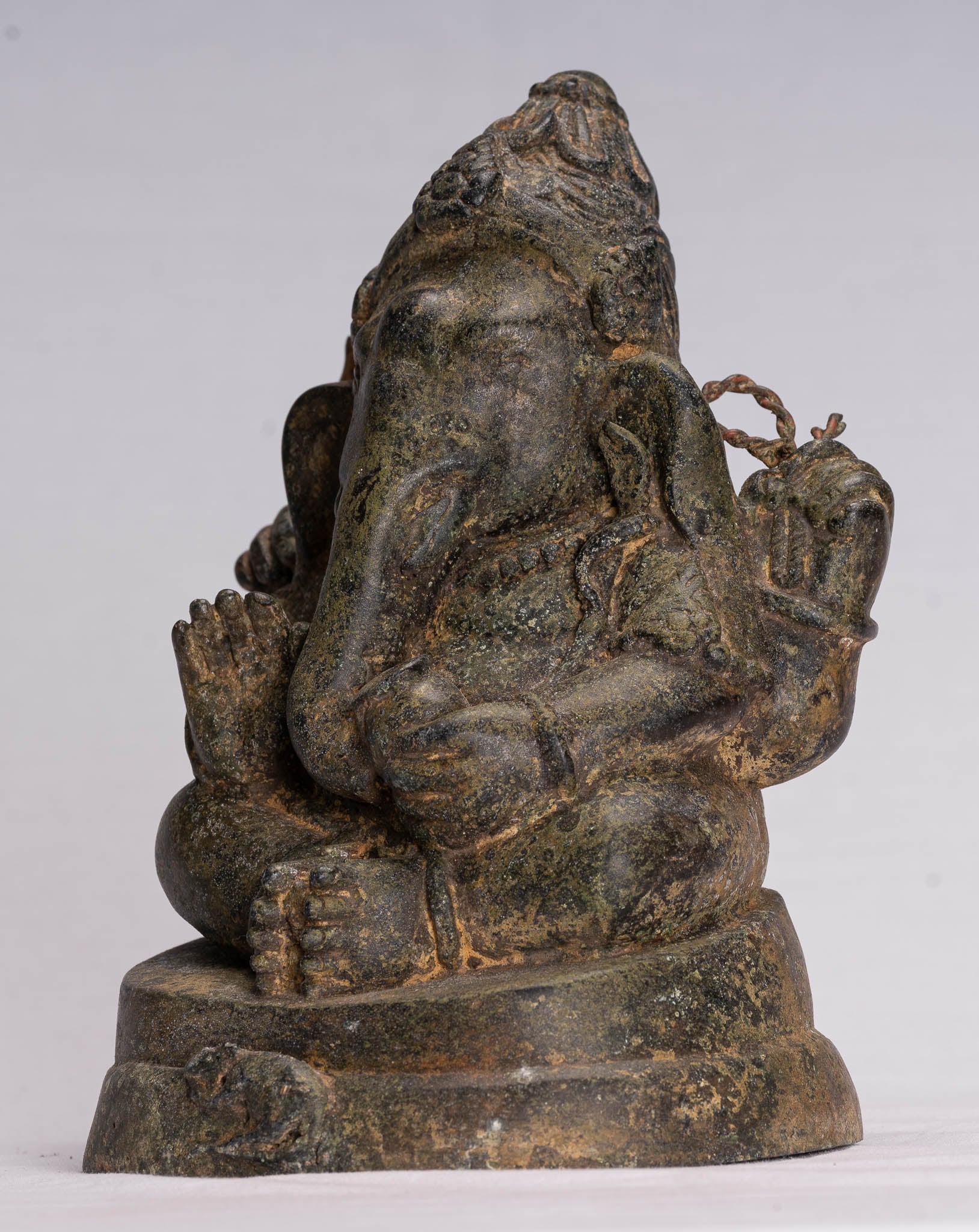 Ganesha Statue - Antique Thai Style Bronze Seated 4-Arm Ganesha Statue - 21cm/8"