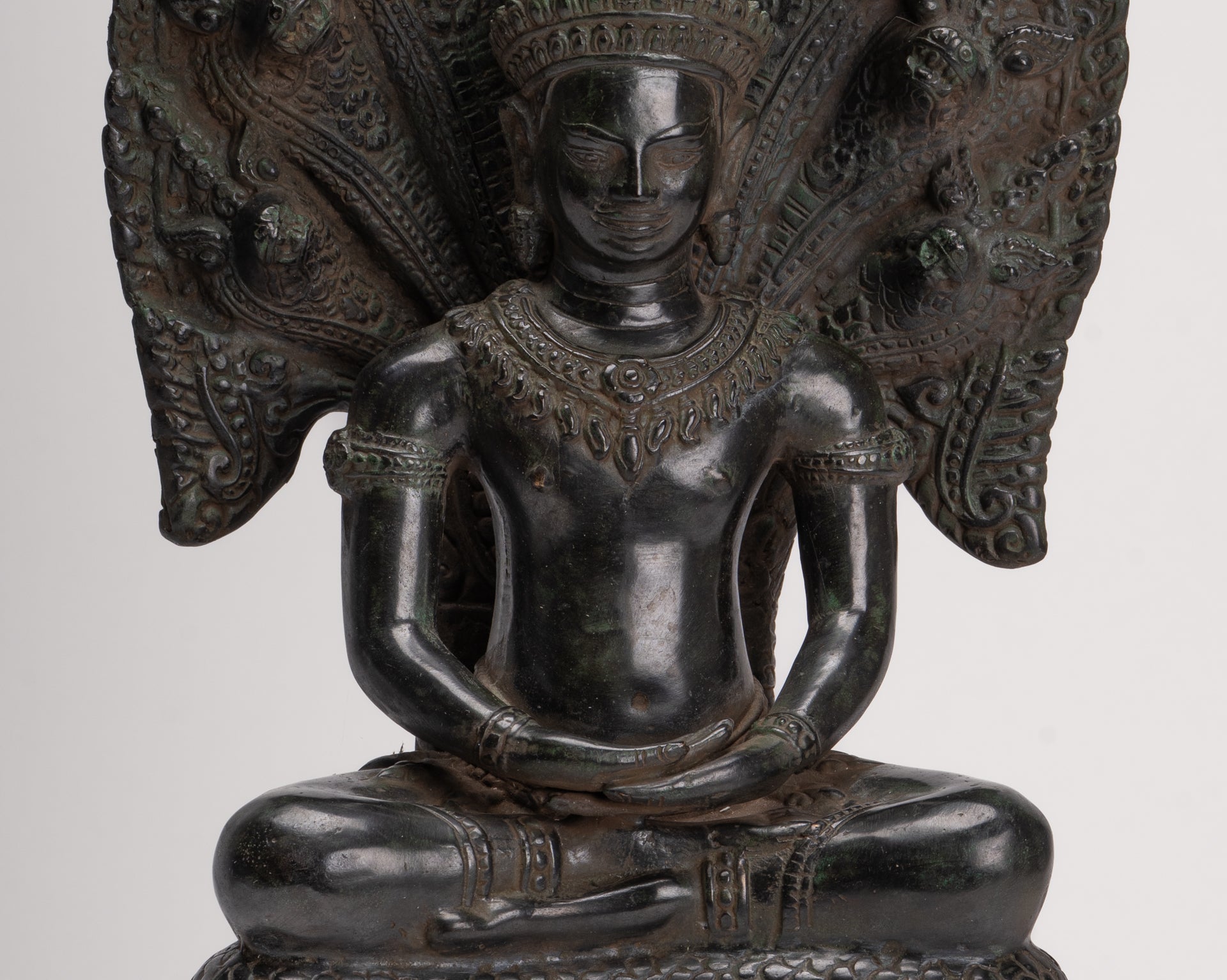 Antique Khmer Style Bronze Seated Meditation Naga Buddha Statue - 52cm/21"