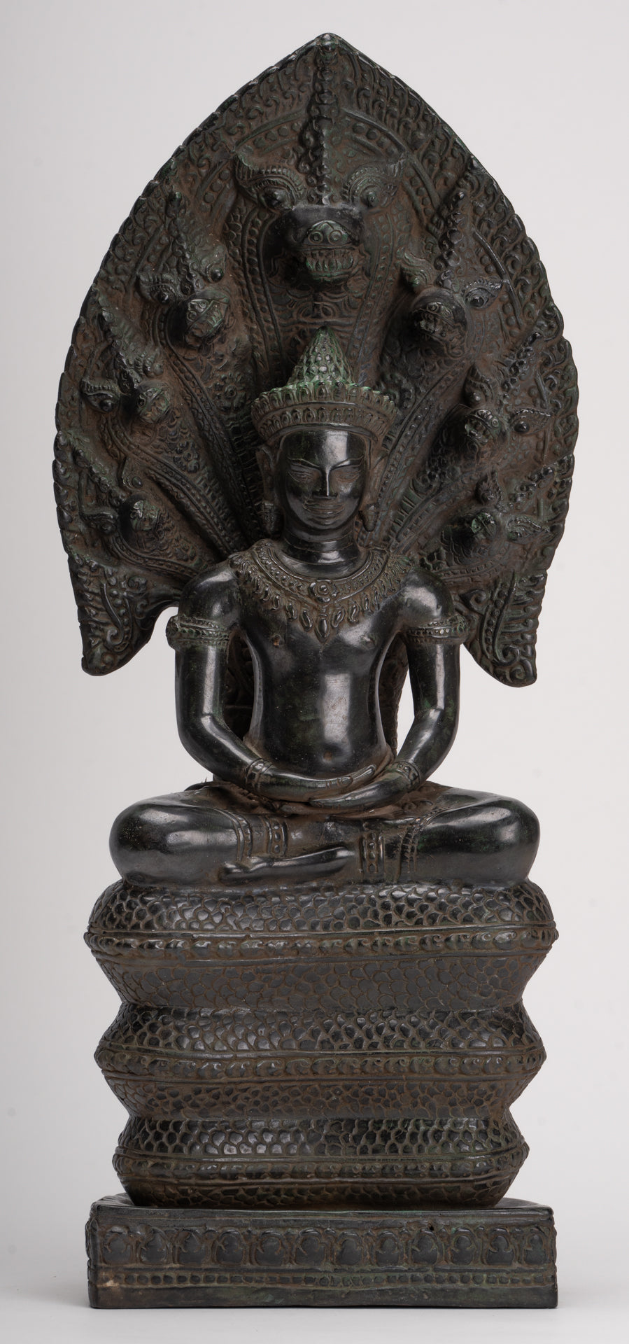 Antique Khmer Style Bronze Seated Meditation Naga Buddha Statue - 52cm/21"