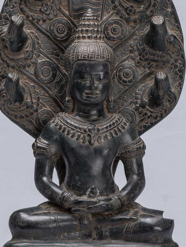Buddha Statue - Antique Bayon Style Khmer Seated Bronze Naga Meditation Buddha - 43cm/17"