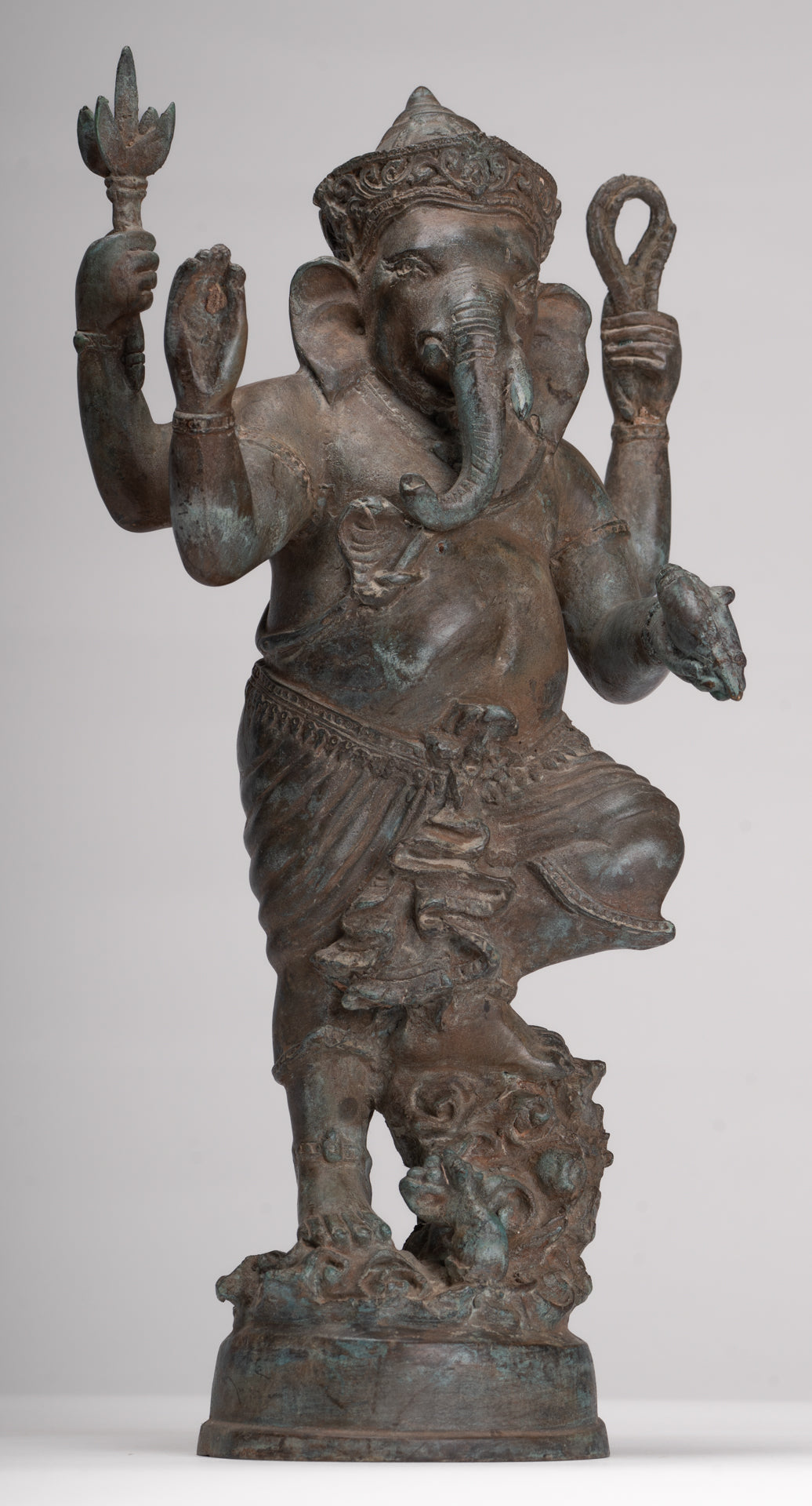 Ganesha Statue - Antique Thai Style Bronze Standing 4-Arm Ganesha Statue - 36cm/14"
