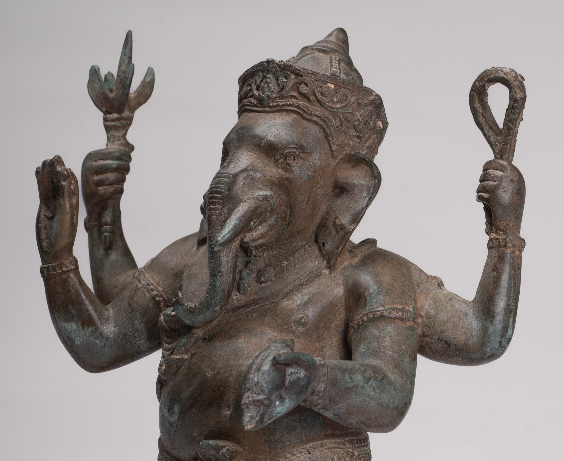 Ganesha Statue - Antique Thai Style Bronze Standing 4-Arm Ganesha Statue - 36cm/14"
