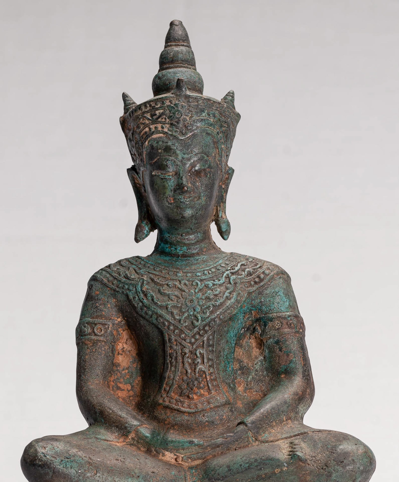 Antique Thai Style Seated Bronze Ayutthaya Meditation Buddha Statue - 26cm/10"