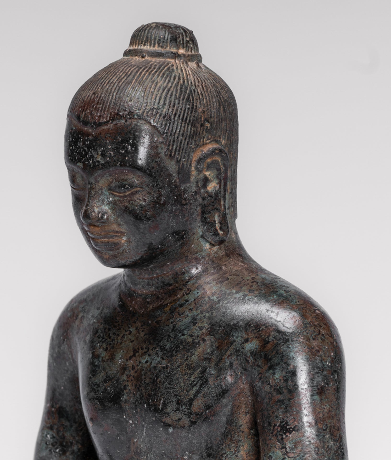 Antique Khmer Style Seated Bronze Meditation Jayavarman VII Statue - 18cm/7"