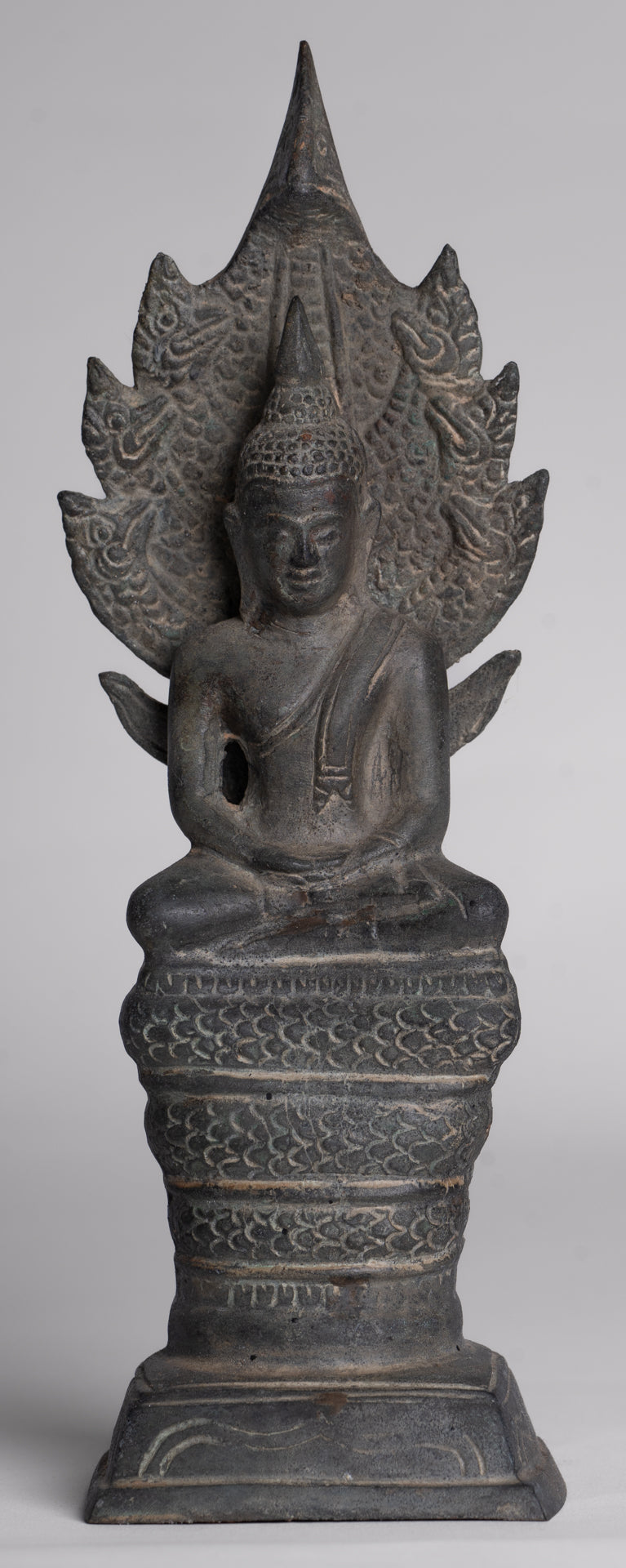Buddha Statue - Antique Sukhothai Style Bronze Meditating Naga Buddha Statue - 21cm/8"