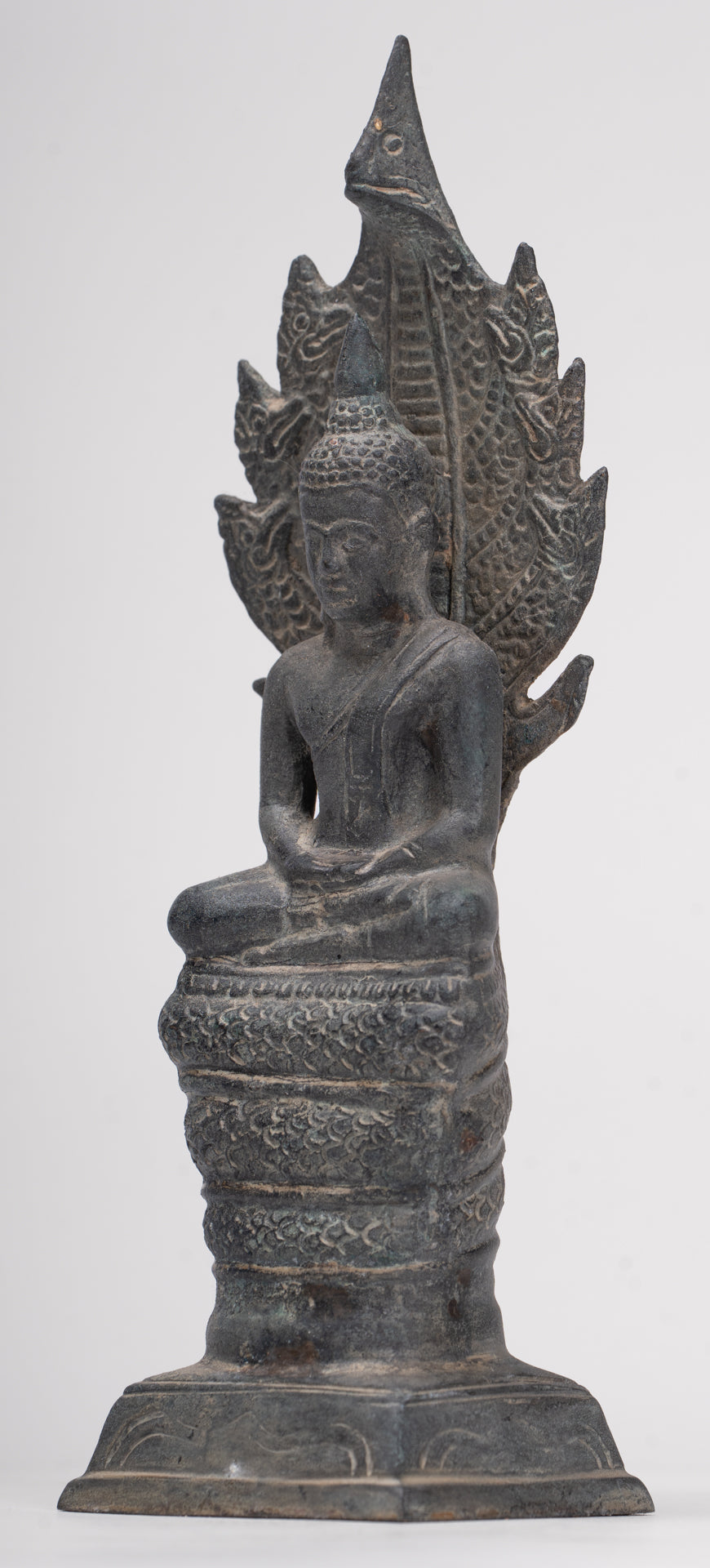 Buddha Statue - Antique Sukhothai Style Bronze Meditating Naga Buddha Statue - 21cm/8"