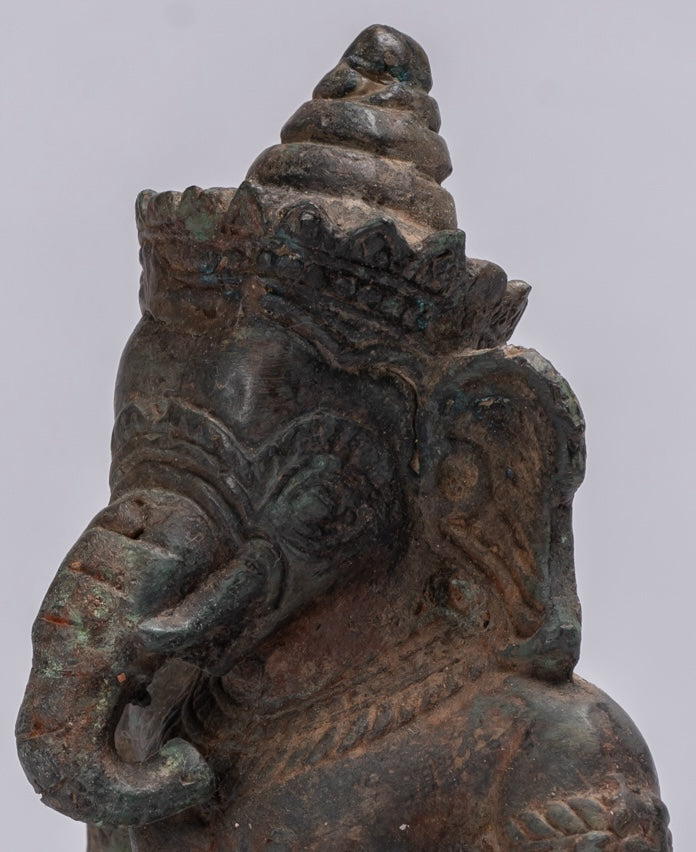 Ganesha Statue - Antique Thai Style Bronze Kneeling Ganesh Statue - 17cm/7"