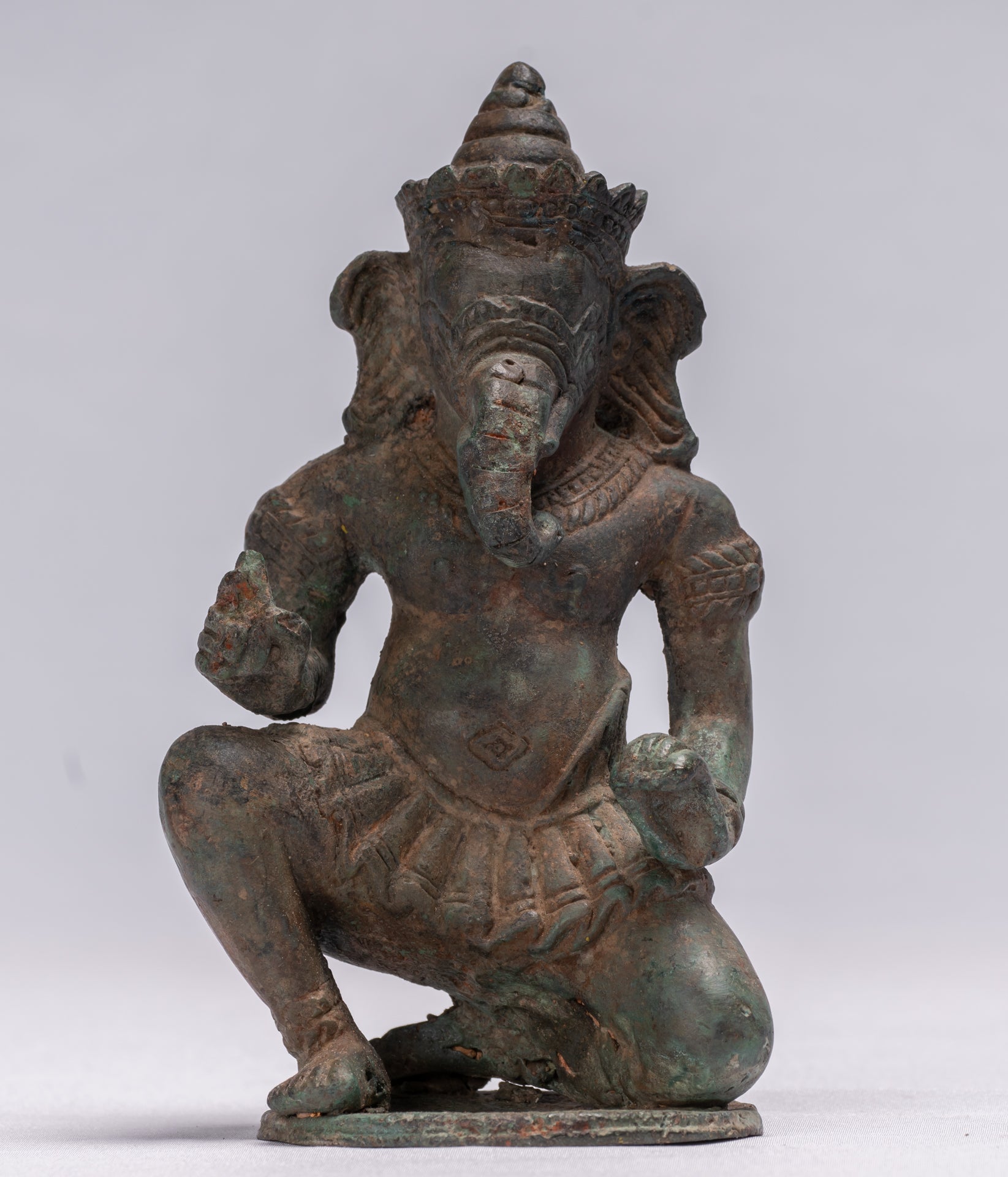 Ganesha Statue - Antique Thai Style Bronze Kneeling Ganesh Statue - 17cm/7"