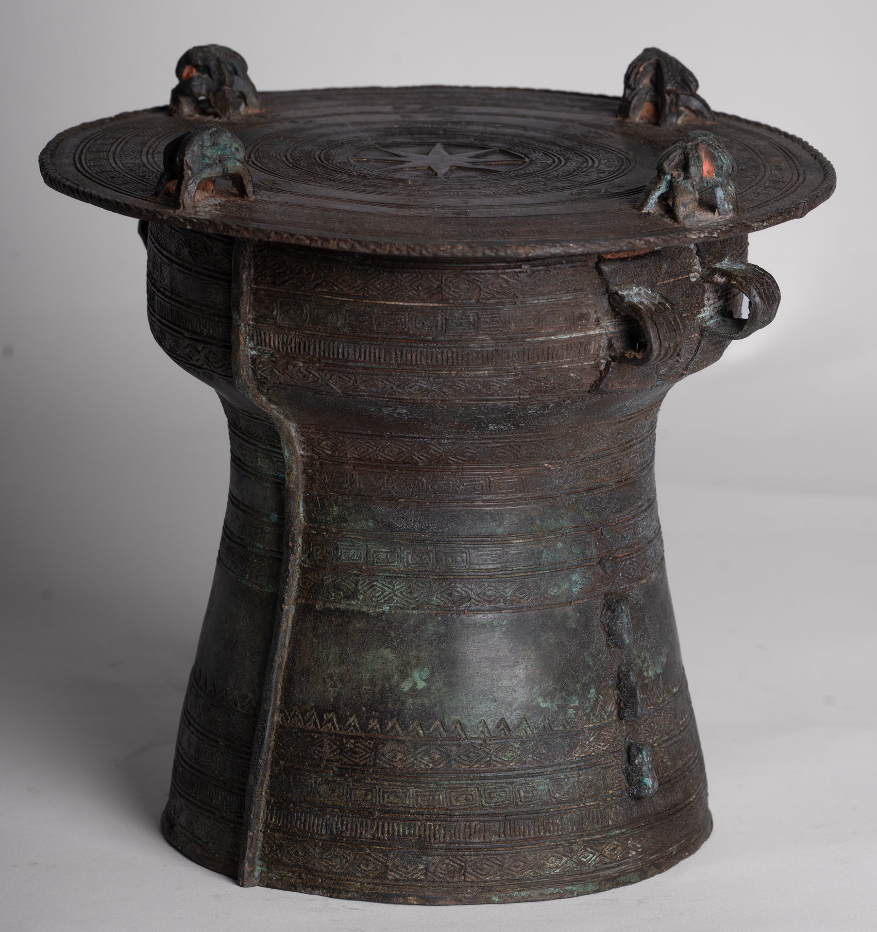 Thai Rain Drum - Antique Thai Style Bronze Free Standing Frog Rain Drum - 19cm/8"