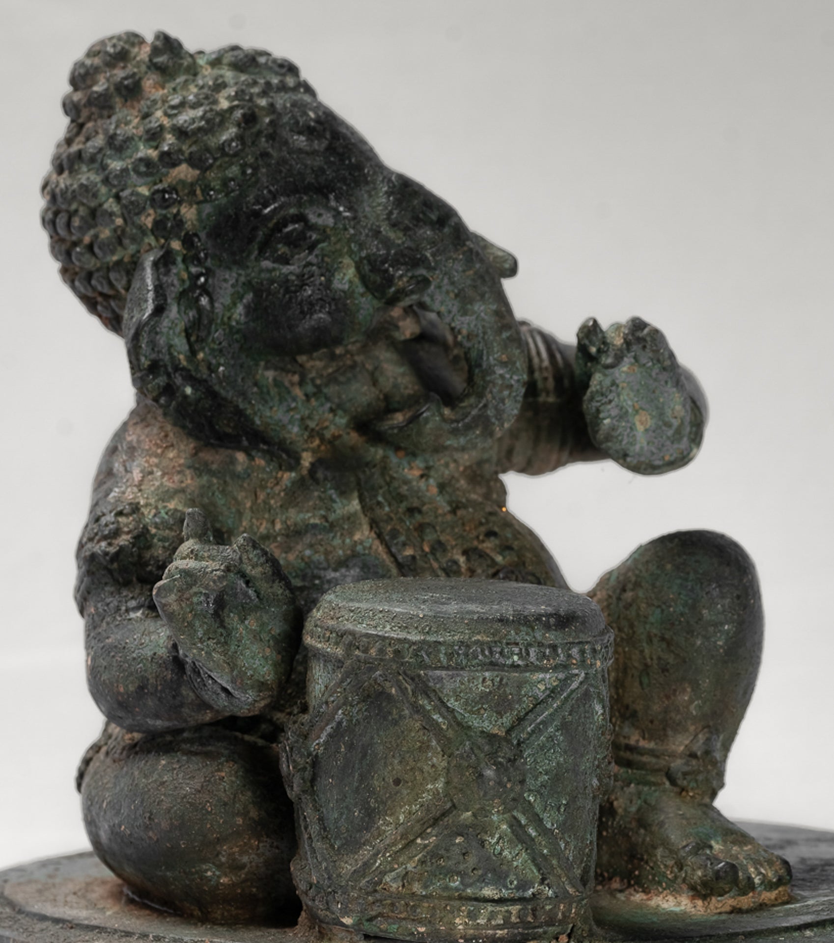 Ganesha Statue - Antique Thai Style Bronze Seated Ganesha Statue with Drum - 20cm/8"