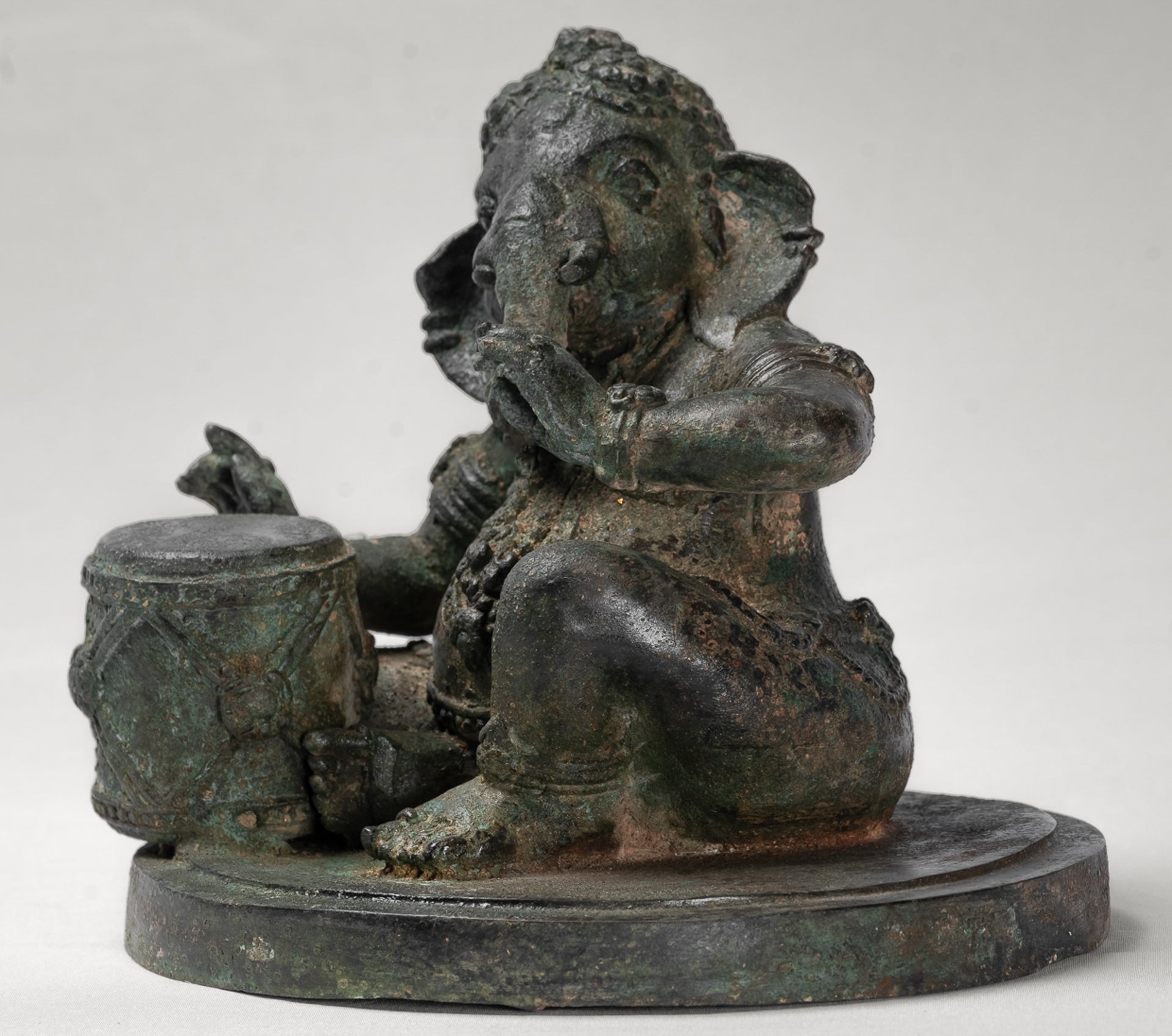 Ganesha Statue - Antique Thai Style Bronze Seated Ganesha Statue with Drum - 20cm/8"