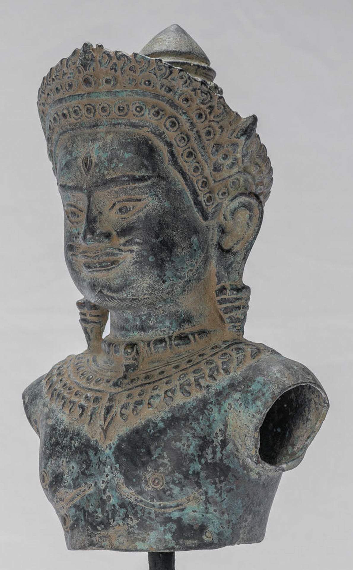 Shiva Statue - Antique Khmer Style Bronze Mounted Shiva Torso Statue - 34cm/14"