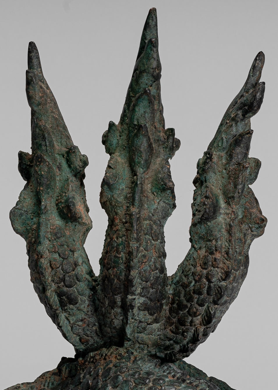 Antique Thai Style Bronze Protective Three Headed Naga, Snake or Serpent Statue - 30cm/12"