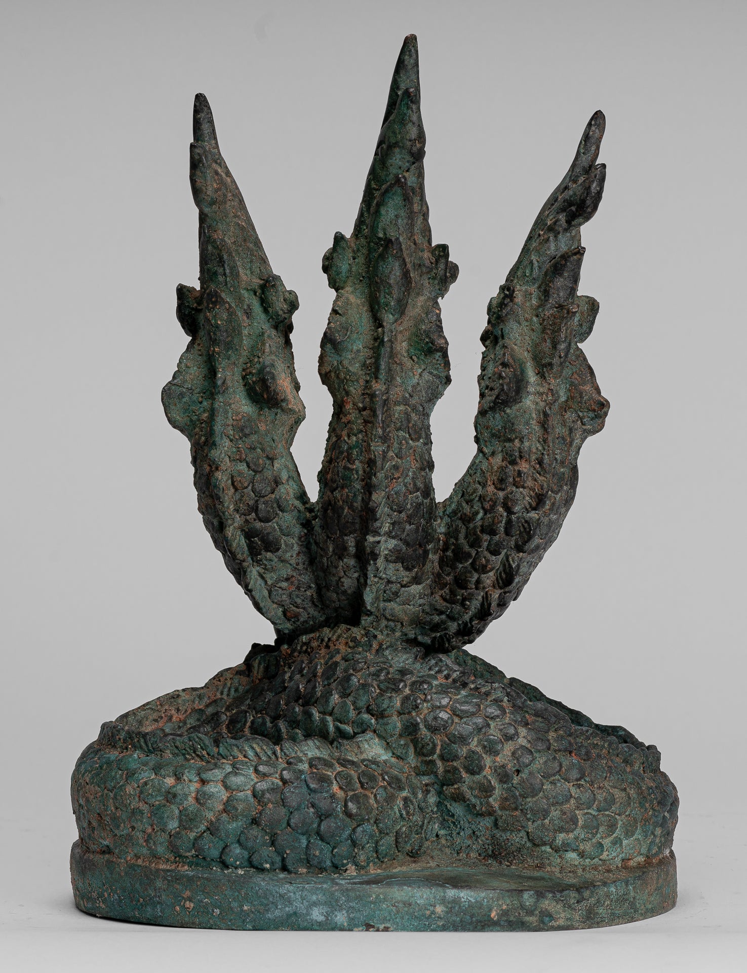 Antique Thai Style Bronze Protective Three Headed Naga, Snake or Serpent Statue - 30cm/12"