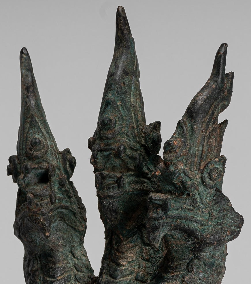 Antique Thai Style Bronze Protective Three Headed Naga, Snake or Serpent Statue - 30cm/12"