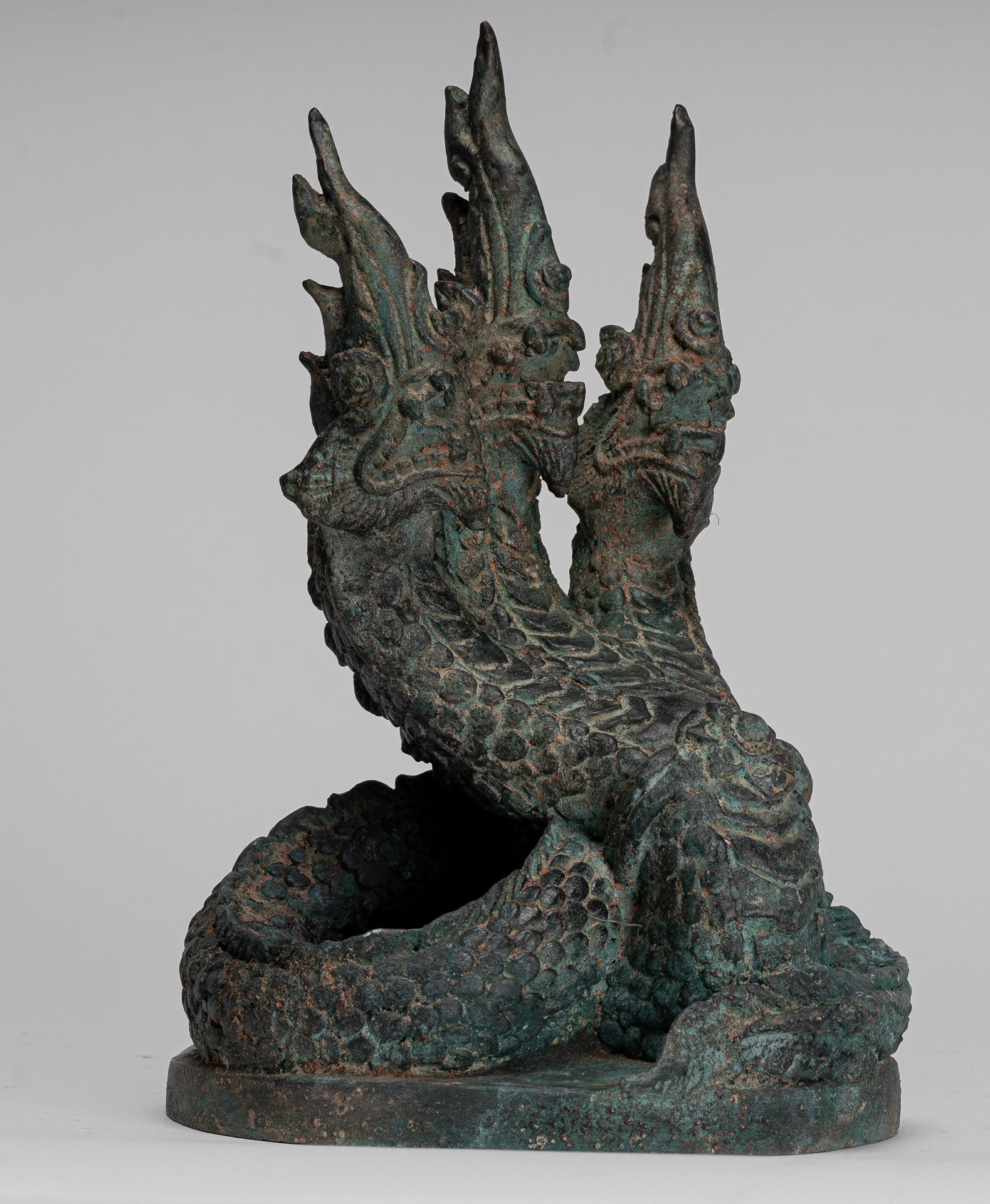 Antique Thai Style Bronze Protective Three Headed Naga, Snake or Serpent Statue - 30cm/12"