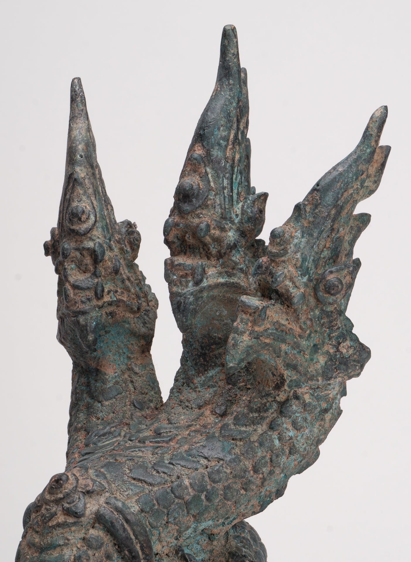 Antique Thai Style Bronze Protective Three Headed Naga, Snake or Serpent Statue - 32cm/13"