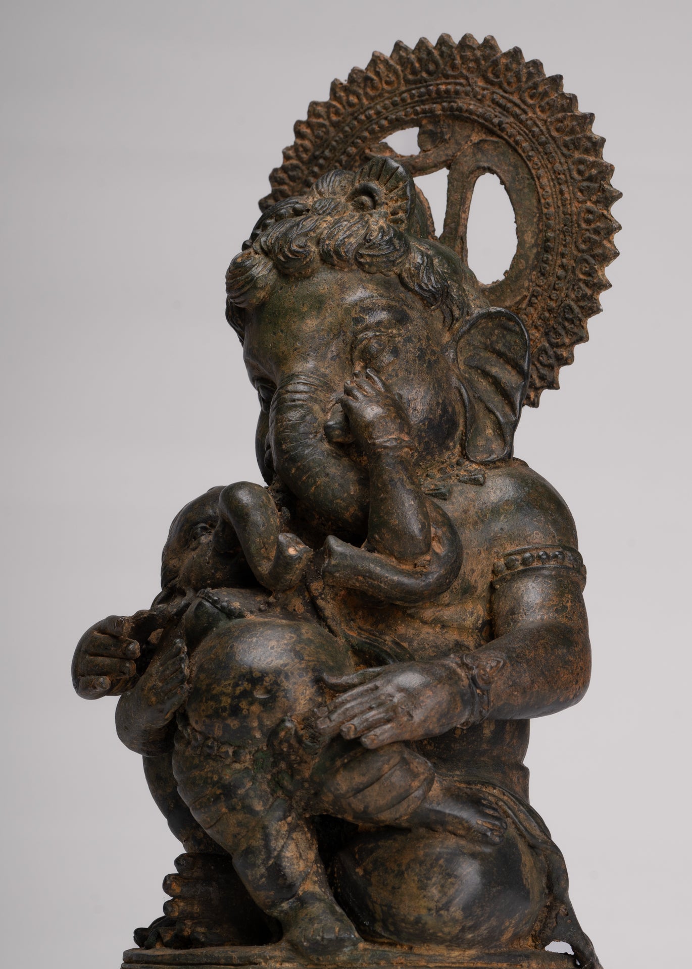 Ganesha Statue - Antique Chola Style Seated Bronze Ganesh Statue with Baby Ganesh - 37cm/15"