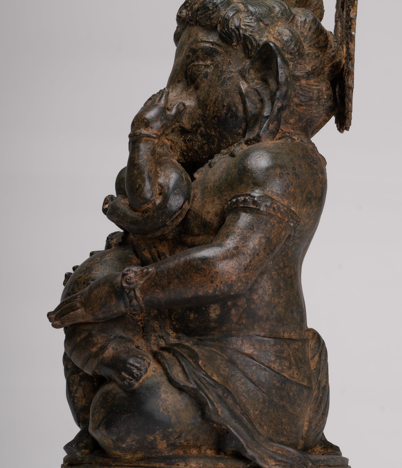 Ganesha Statue - Antique Chola Style Seated Bronze Ganesh Statue with Baby Ganesh - 37cm/15"