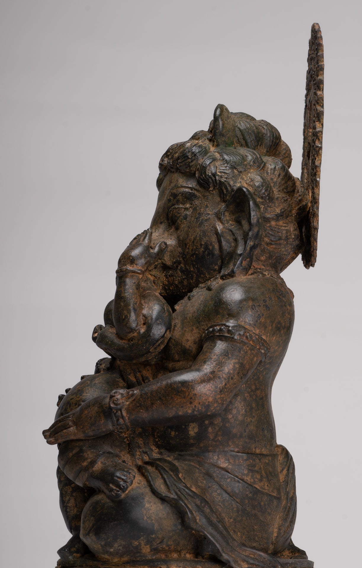 Ganesha Statue - Antique Chola Style Seated Bronze Ganesh Statue with Baby Ganesh - 37cm/15"