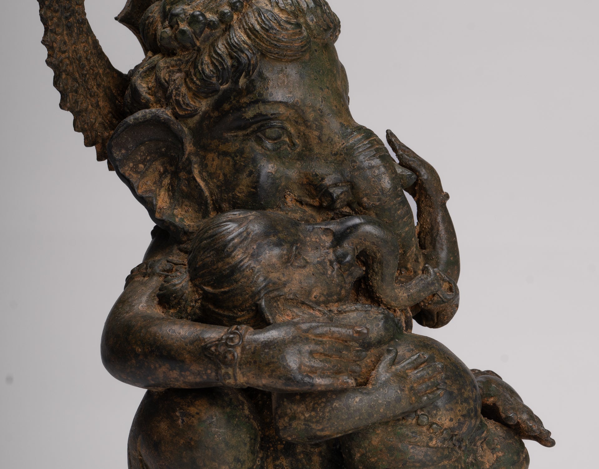Ganesha Statue - Antique Chola Style Seated Bronze Ganesh Statue with Baby Ganesh - 37cm/15"