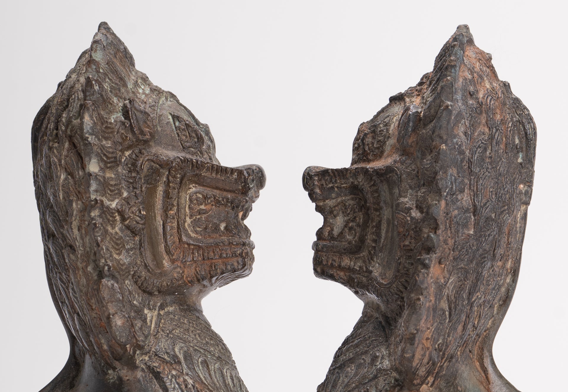 Temple Lions - Antique Thai Style Bronze Standing Singha Temple Guardians or Lions - 19cm/8" (Pair)