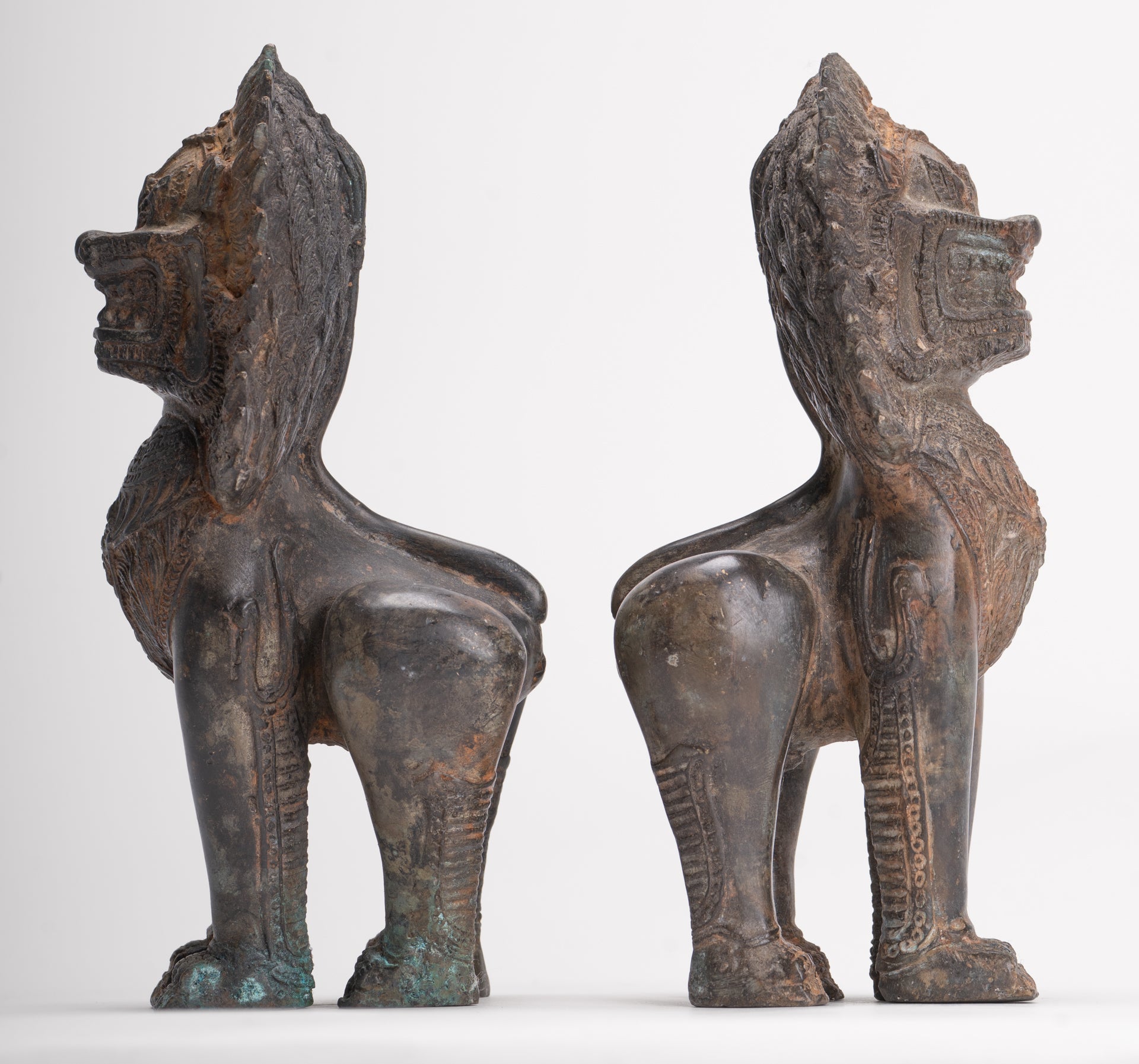 Temple Lions - Antique Thai Style Bronze Standing Singha Temple Guardians or Lions - 19cm/8" (Pair)