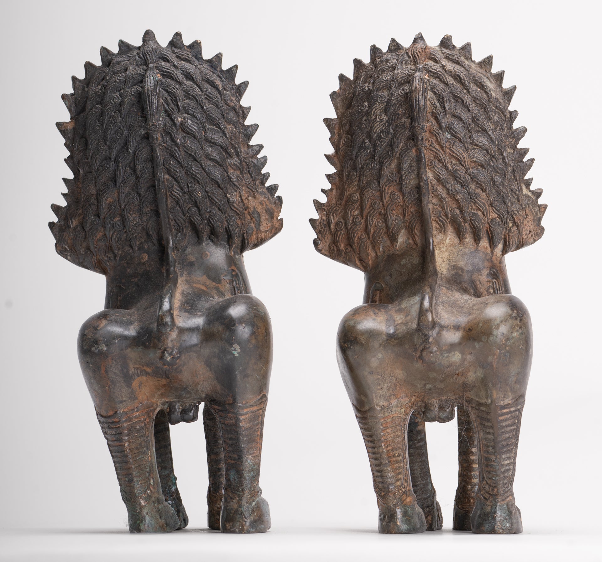 Temple Lions - Antique Thai Style Bronze Standing Singha Temple Guardians or Lions - 19cm/8" (Pair)