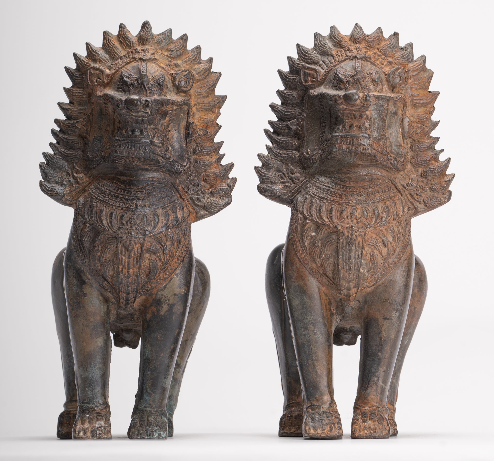 Temple Lions - Antique Thai Style Bronze Standing Singha Temple Guardians or Lions - 19cm/8" (Pair)