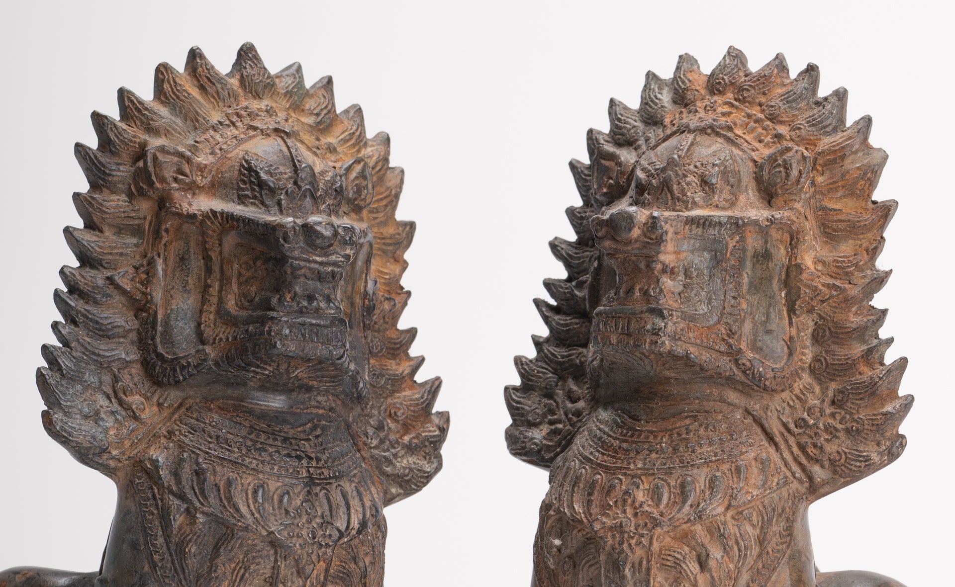 Temple Lions - Antique Thai Style Bronze Standing Singha Temple Guardians or Lions - 19cm/8" (Pair)