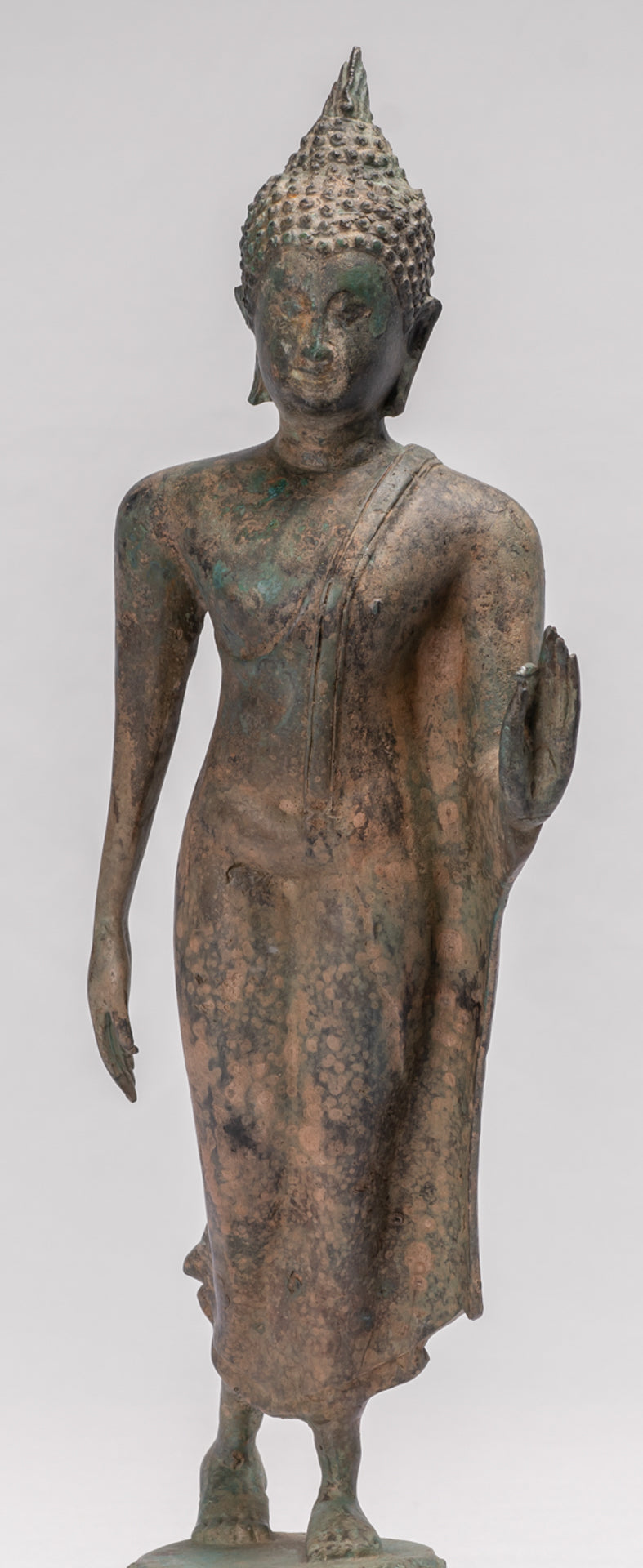 Antique Sukhothai Style Standing Bronze Protection Walking Buddha Statue - 42cm/17"