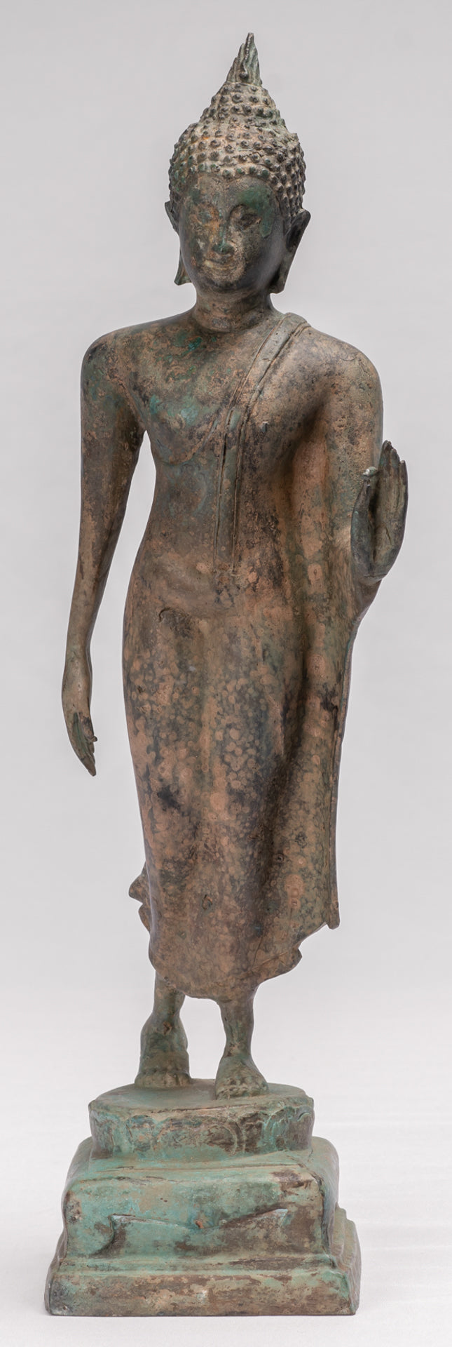 Antique Sukhothai Style Standing Bronze Protection Walking Buddha Statue - 42cm/17"