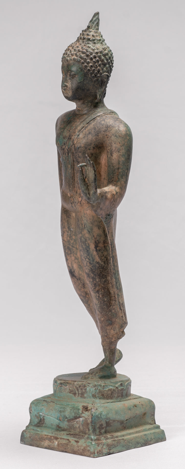 Antique Sukhothai Style Standing Bronze Protection Walking Buddha Statue - 42cm/17"