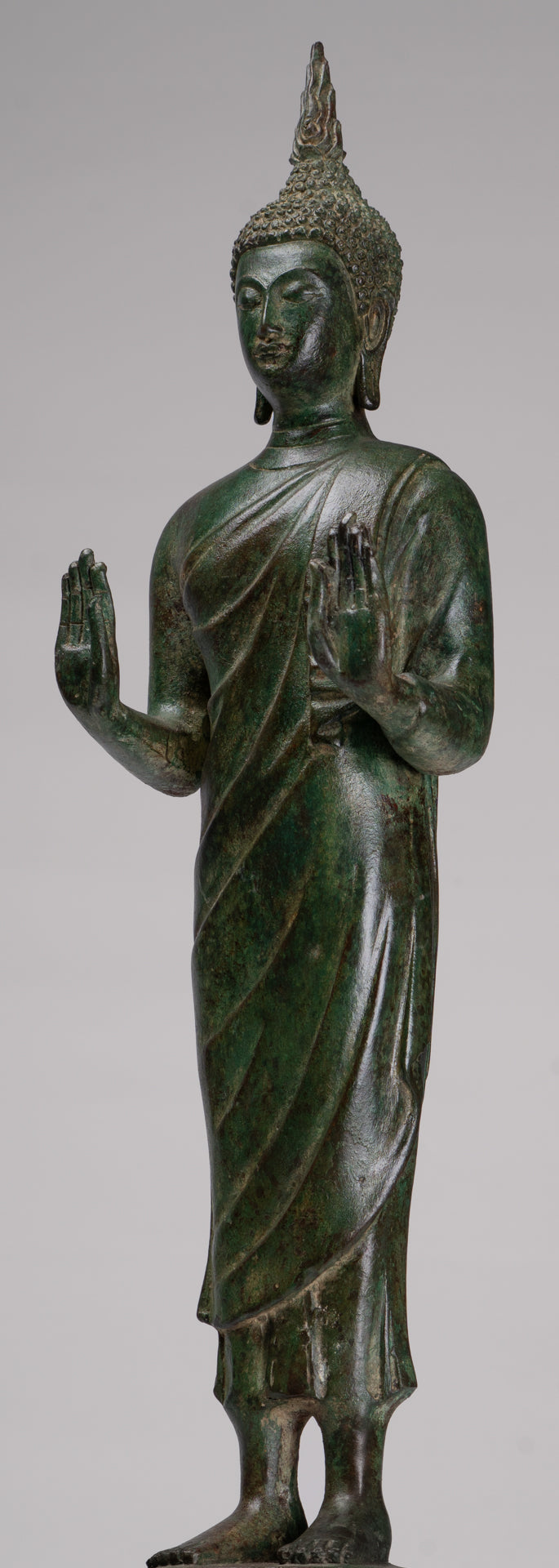 Buddha Statue - Antique Thai Style Bronze Standing Abhaya Protection Buddha Statue - 62cm/25"