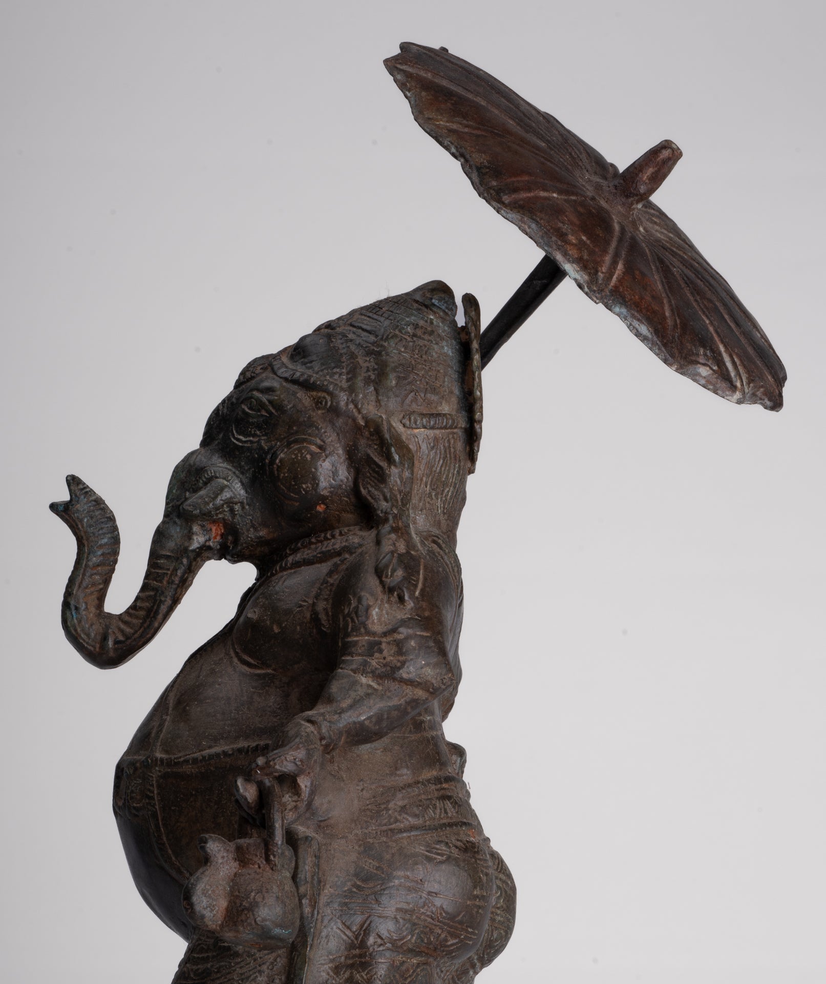 Antique Chola Style Standing Bronze Bridegroom or Mappilai Ganesha Statue w/Umbrella - 37cm/15"