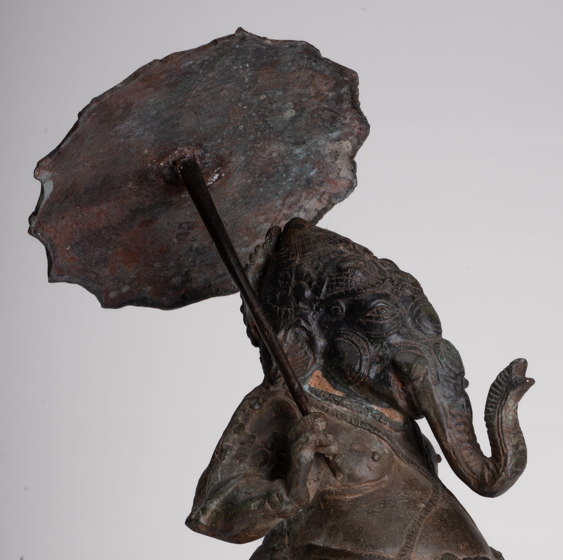 Antique Chola Style Standing Bronze Bridegroom or Mappilai Ganesha Statue w/Umbrella - 37cm/15"