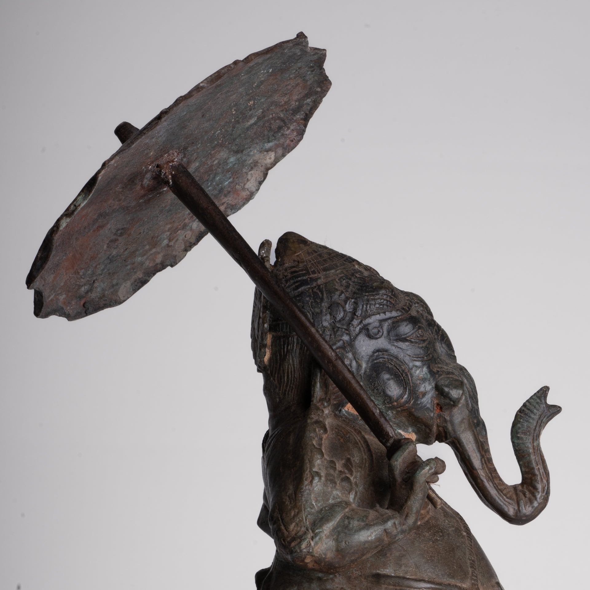Antique Chola Style Standing Bronze Bridegroom or Mappilai Ganesha Statue w/Umbrella - 37cm/15"